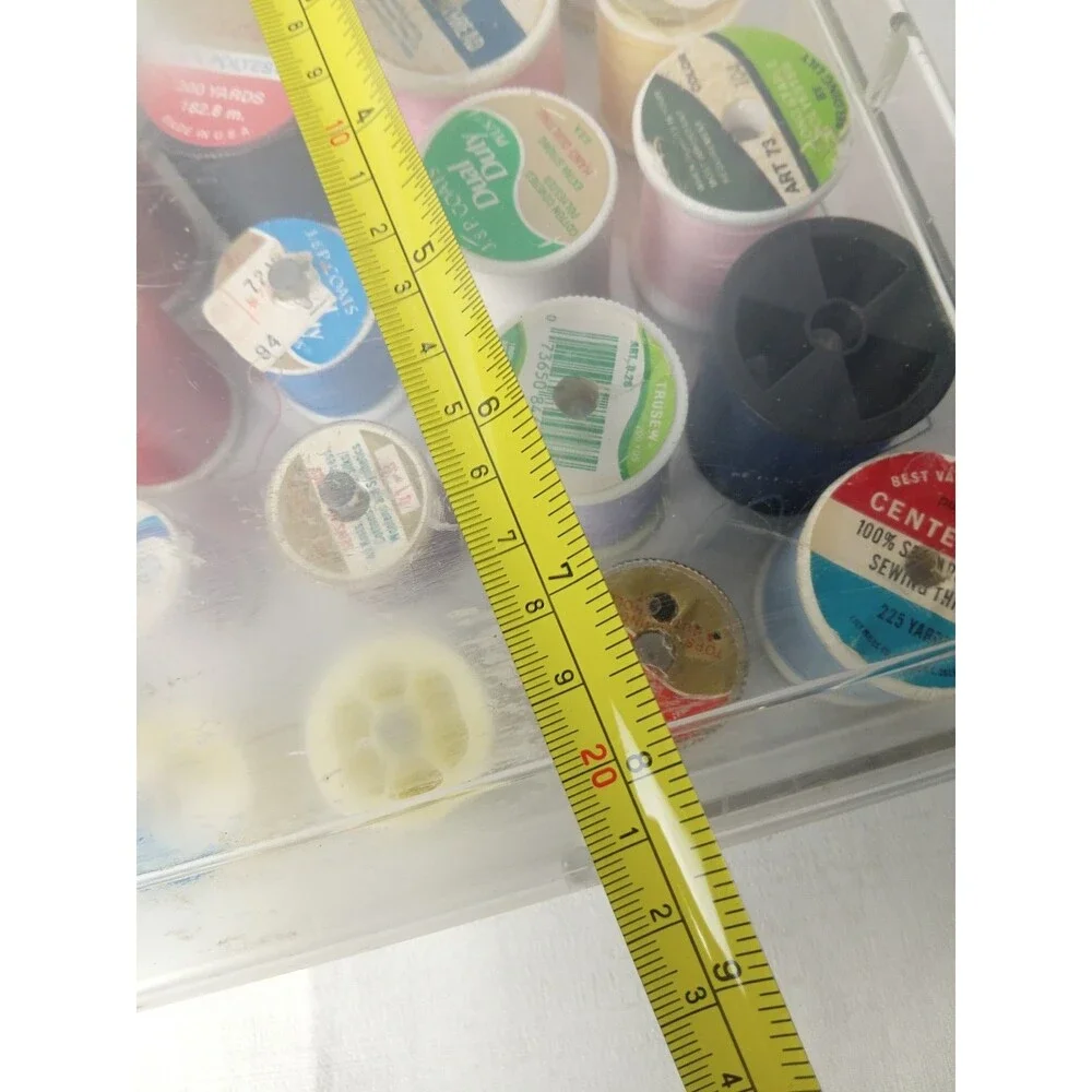 Assorted Sewing Thread 40 Spool Lot & Clear Plastic Organizer Box Storage Case